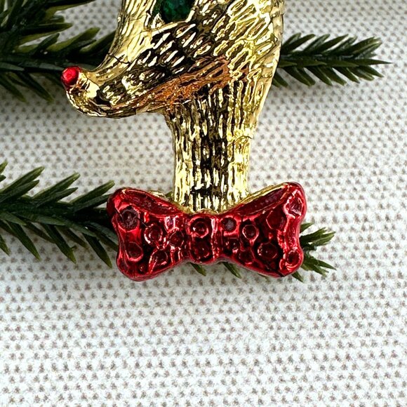 Rudolph The Reindeer Gold-Tone Brooch With Red Bow Tie & Green Rhinestone Eye - Picture 3 of 5